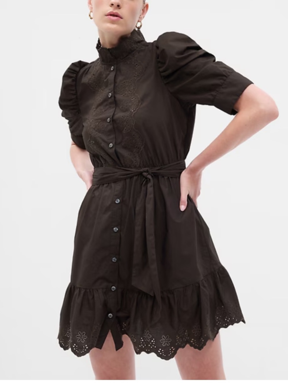 GAP Olive Green Eyelet Midi Dress with Puff Sleeves - Picture 6 of 6
